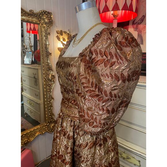 1970s rust and gold brocade formal gown puff sleeves jay jacks metallic ombre sm - Picture 5 of 10